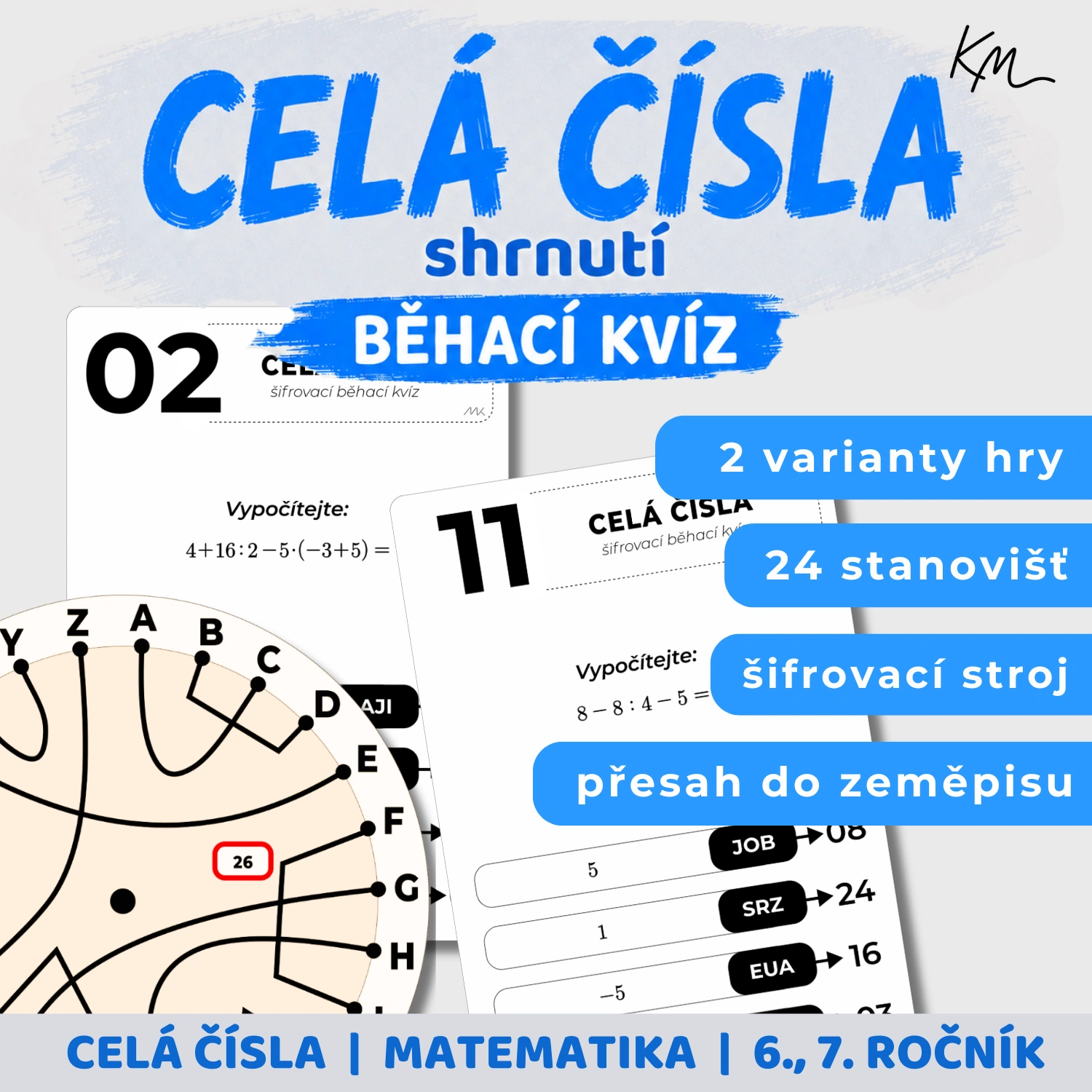 Titulní obrázek materiálu na shrnutí početních operací u celých čísel. Běhací šifrovací kvíz