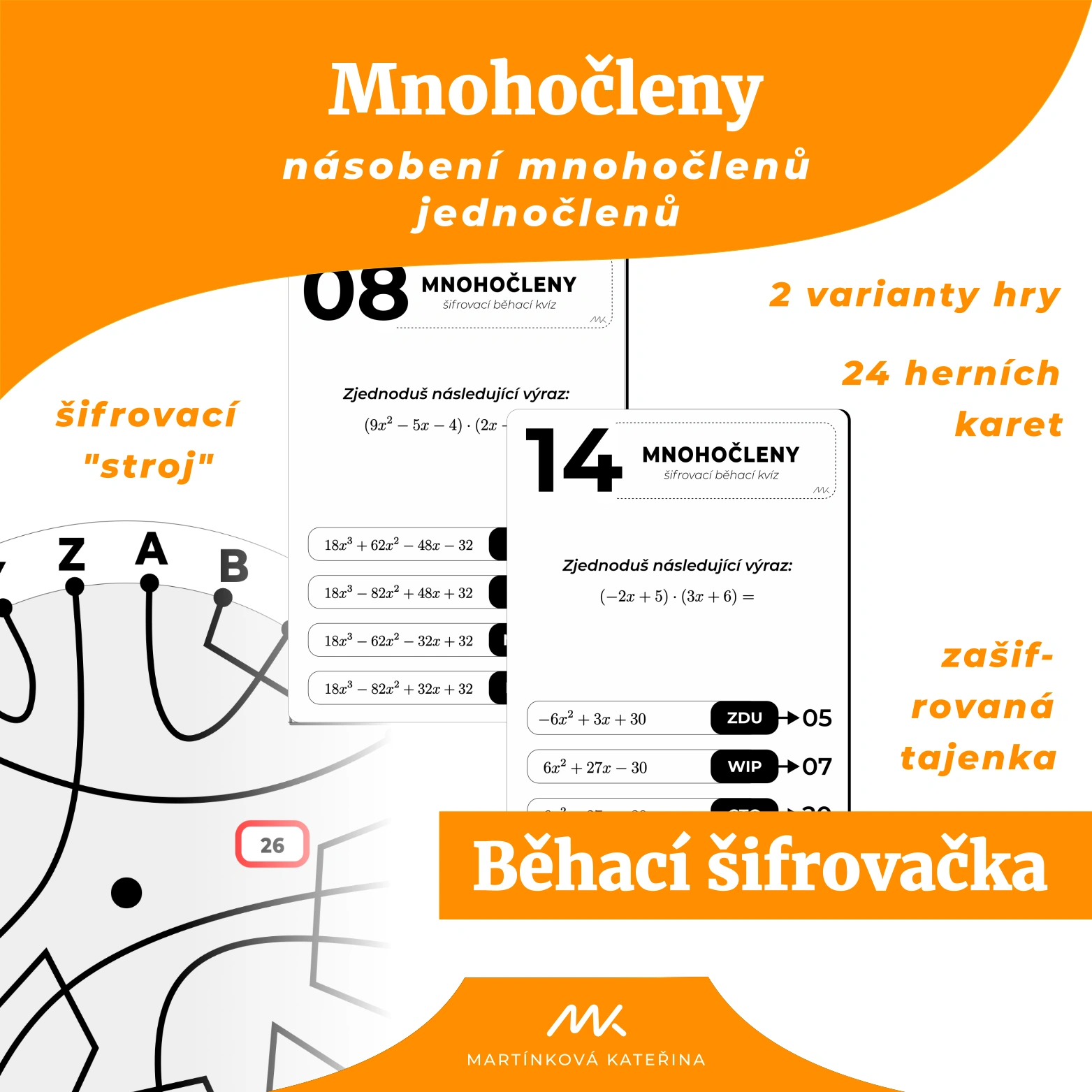 Titulní obrázek k materiálu P02 - běhací šifrovací kvíz na násobení mnohočlenů