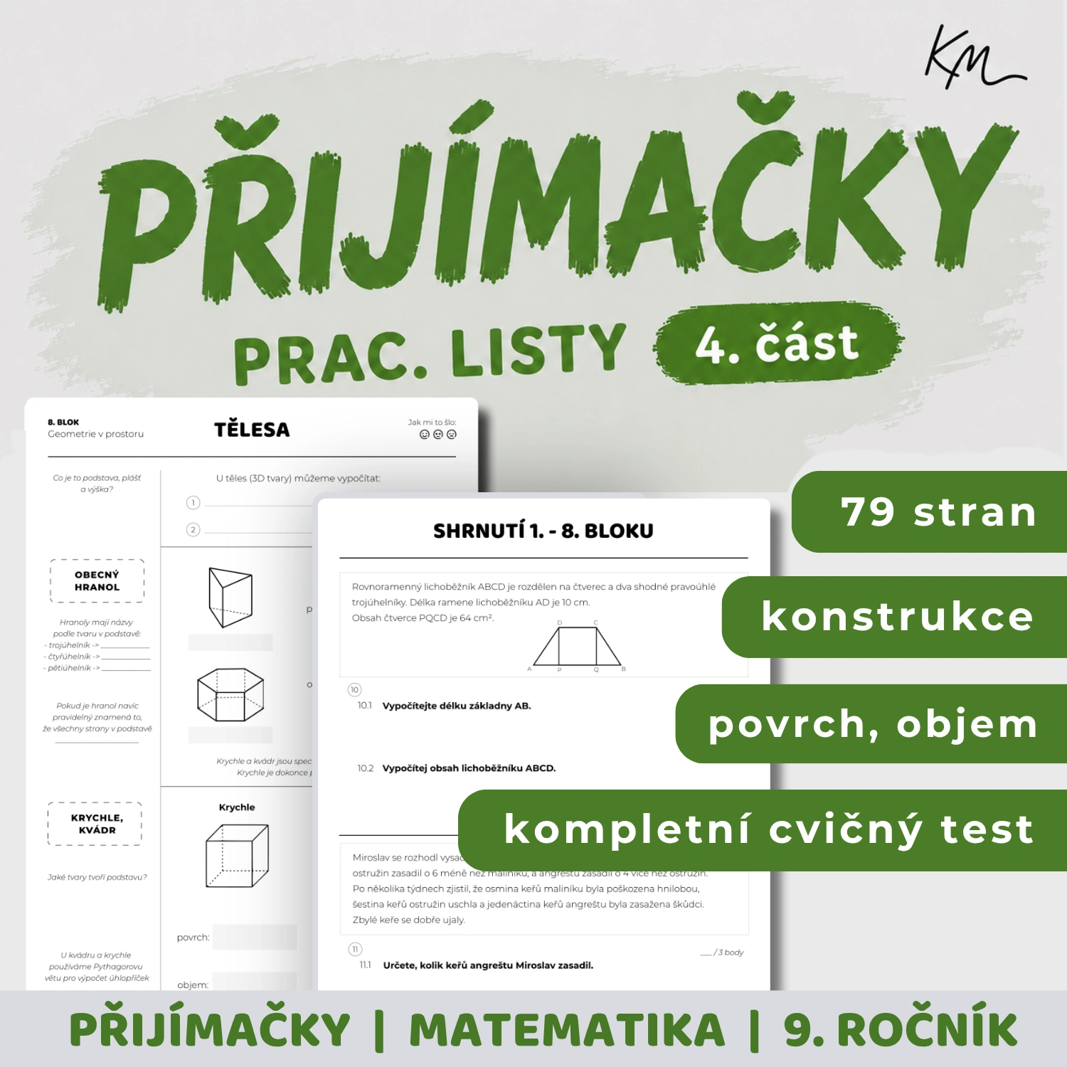 Titulní obrázek k materiálu na přípravu k přijímacím zkouškám na čtyřleté studium - pracovní listy k tématům konstrukce, tělesa - povrch, objem, autorský cvičný test na bázi jPZ
