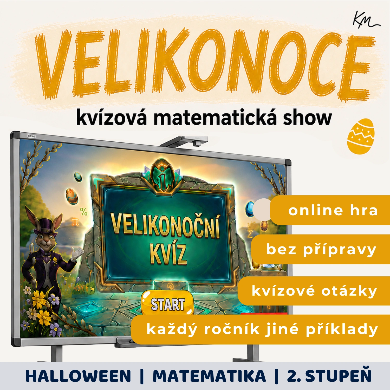 Titulní obrázek ke hře Velikonoce - kvízová show. Aktivita vhodná do hodin matematiky v okolí Velikonoc