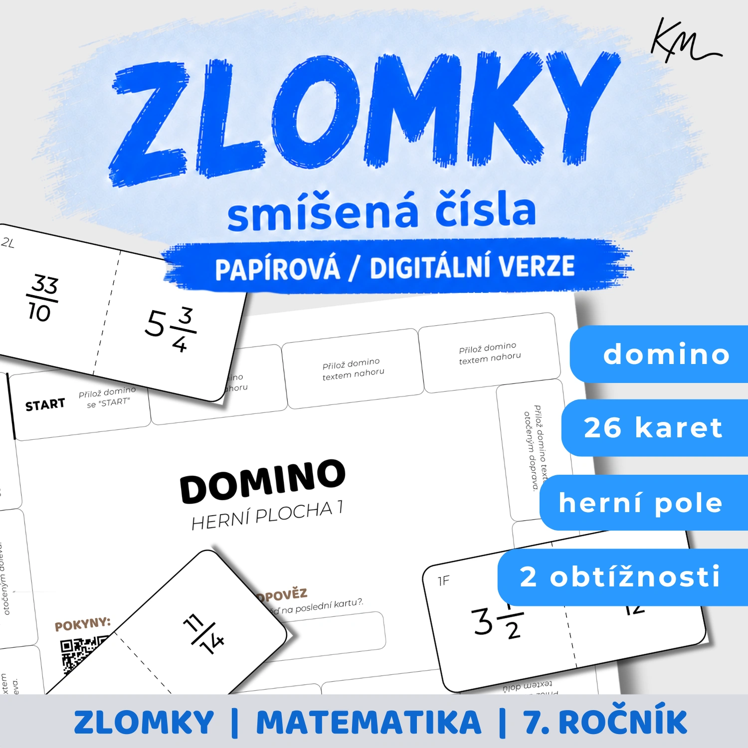Titulní obrázek k materiálu M03 - převod zlomků na smíšená čísla a naopak, domino