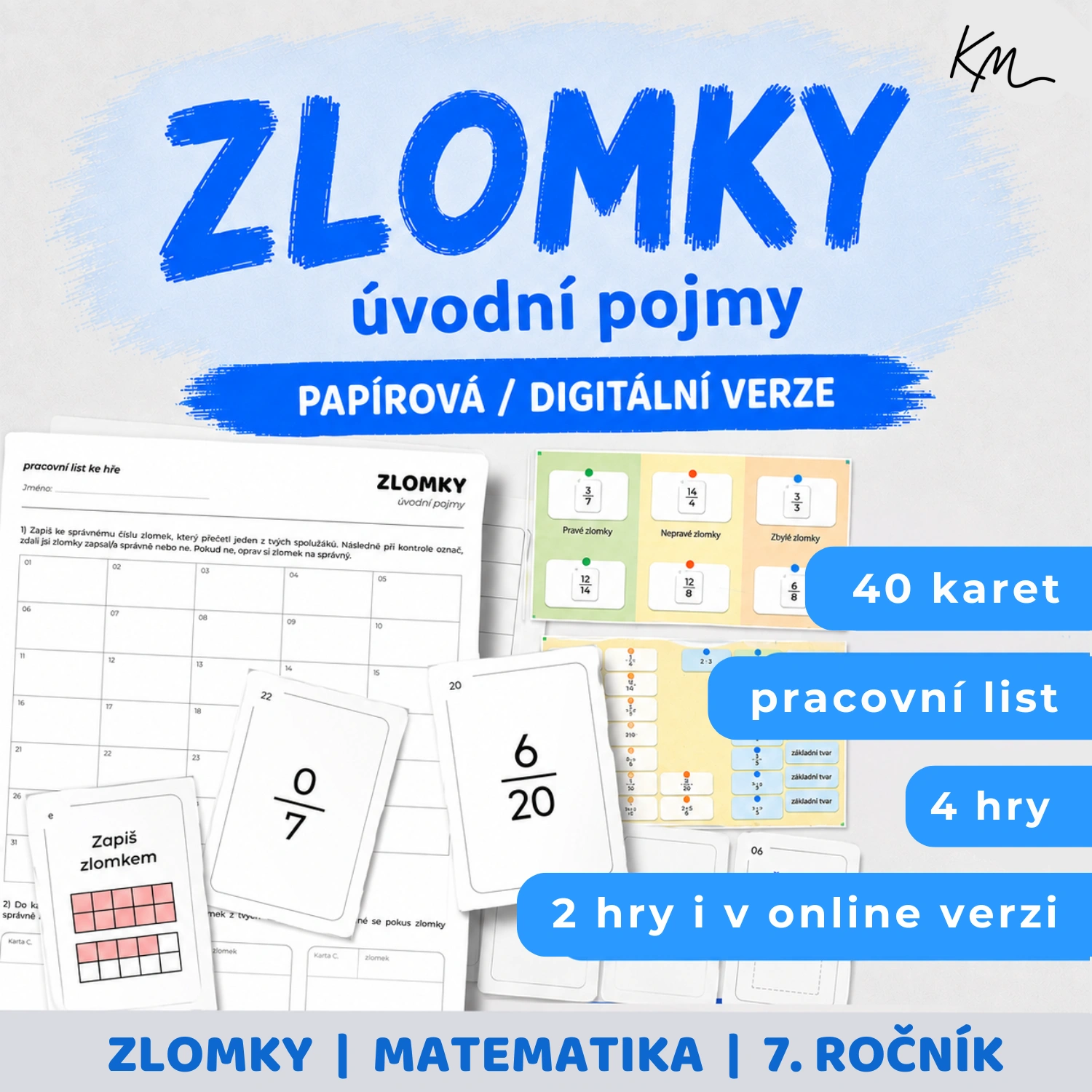 Titulní obrázek k materiálu Zlomky - úvodní pojmy. Hry na poznání zlomků, krácení, rozšiřování, pravý, nepravý zlomek, zlomky rovny jedné aj.